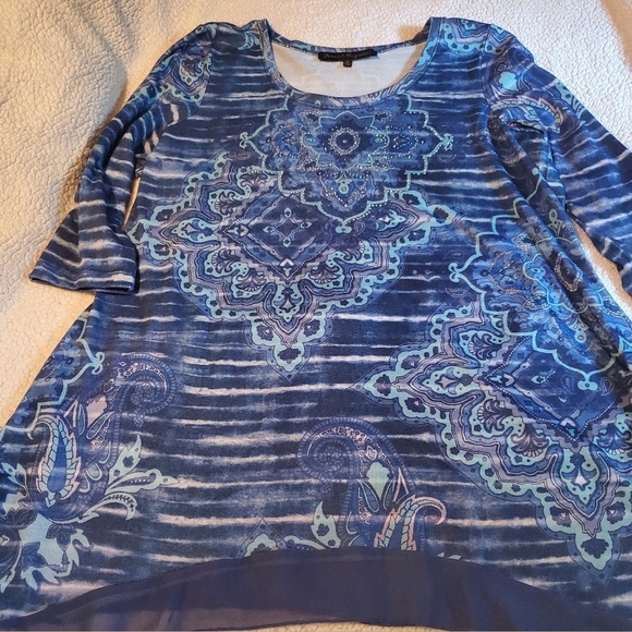French Bazaar Tunic Top Womens XL Blue Flowy Studded Beads Asymmetric Hem - Picture 2 of 8